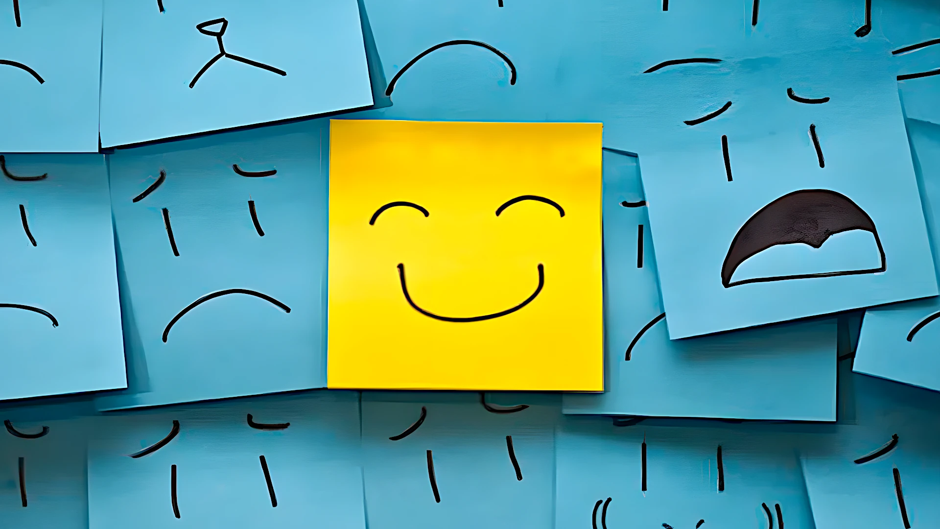 Post-its azuis com expressões tristes, preocupadas e desanimadas, destacando no centro um post-it amarelo com um rosto sorridente e feliz, simbolizando organização, clareza e leveza em meio ao caos. Representa como a organização nos projetos de vídeo traz mais tranquilidade e produtividade.