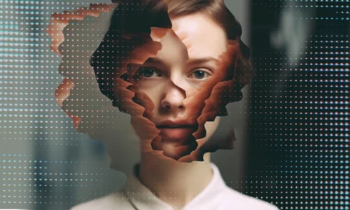 Autenticidade na produção de conteúdo - Representação conceitual de uma mulher com o rosto parcialmente fragmentado em camadas digitais, revelando sua face verdadeira por trás de uma superfície pixelada. A imagem sugere a ideia de se despir das máscaras e mostrar a essência, em meio aos padrões impostos no ambiente digital.