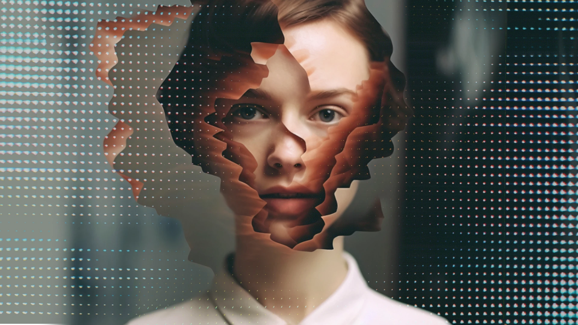 Autenticidade na produção de conteúdo - Representação conceitual de uma mulher com o rosto parcialmente fragmentado em camadas digitais, revelando sua face verdadeira por trás de uma superfície pixelada. A imagem sugere a ideia de se despir das máscaras e mostrar a essência, em meio aos padrões impostos no ambiente digital.