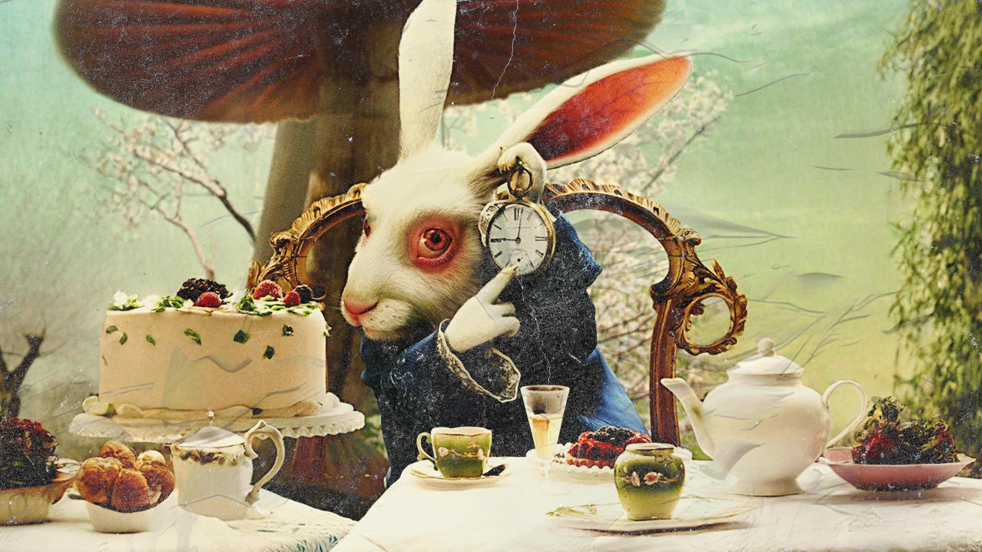Ilustração do Coelho Branco de 'Alice no País das Maravilhas' em uma mesa de chá, segurando um relógio de bolso, com olhar aflito, e apontando para as horas. A cena traz elementos como bolo, bule, xícaras e doces, em um cenário natural e onírico. A imagem simboliza a angústia do tempo, a urgência constante e a pressão da vida moderna, refletindo a ansiedade que surge quando vivemos apenas sob a lógica do relógio e da produtividade acelerada.