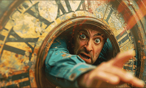 Homem com expressão de desespero e olhos arregalados, saindo de dentro de um grande relógio antigo e enferrujado, estendendo a mão para frente como se buscasse ajuda ou tentasse alcançar algo. A imagem transmite sensação de urgência, ansiedade e pressão pelo tempo.