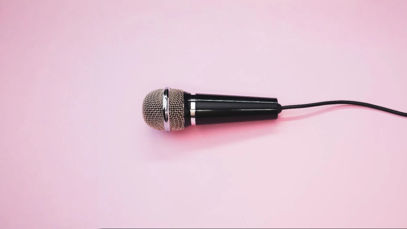 Microfone dinâmico com acabamento metálico e cabo preto sobre fundo rosa suave, representando simplicidade na comunicação